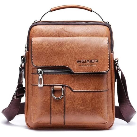 Mens Leather Messenger Bag Crossbody Shoulder Bag Vintage Zipper Buckle